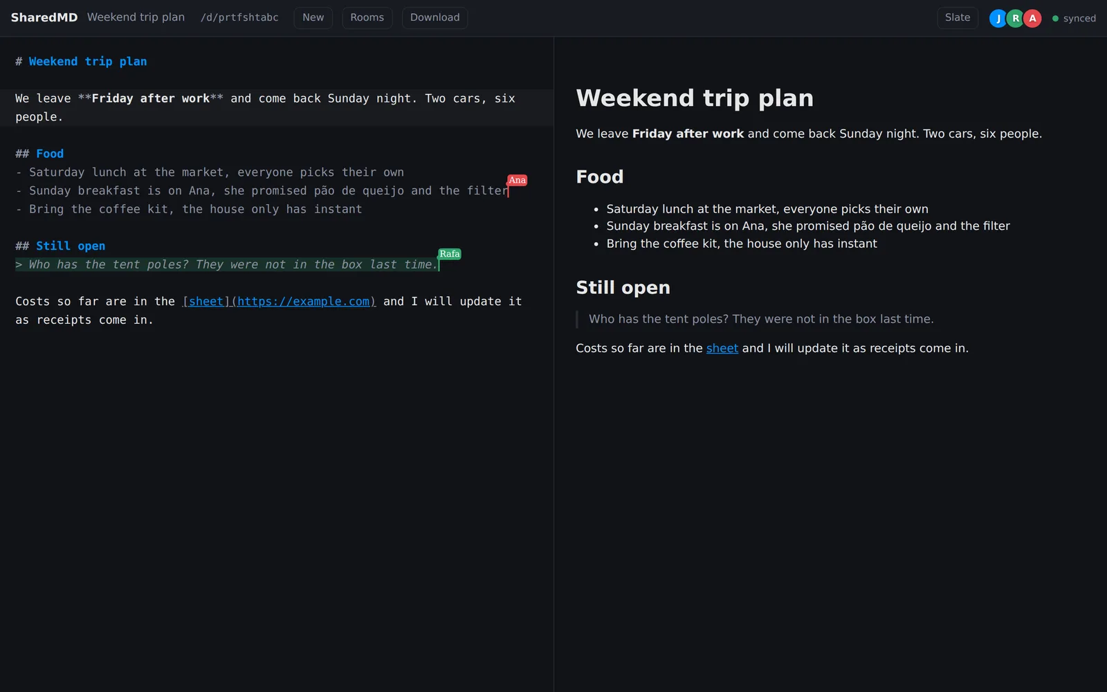 Three people editing the same document in SharedMD